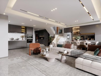 现代别墅客餐厅3D模型下载